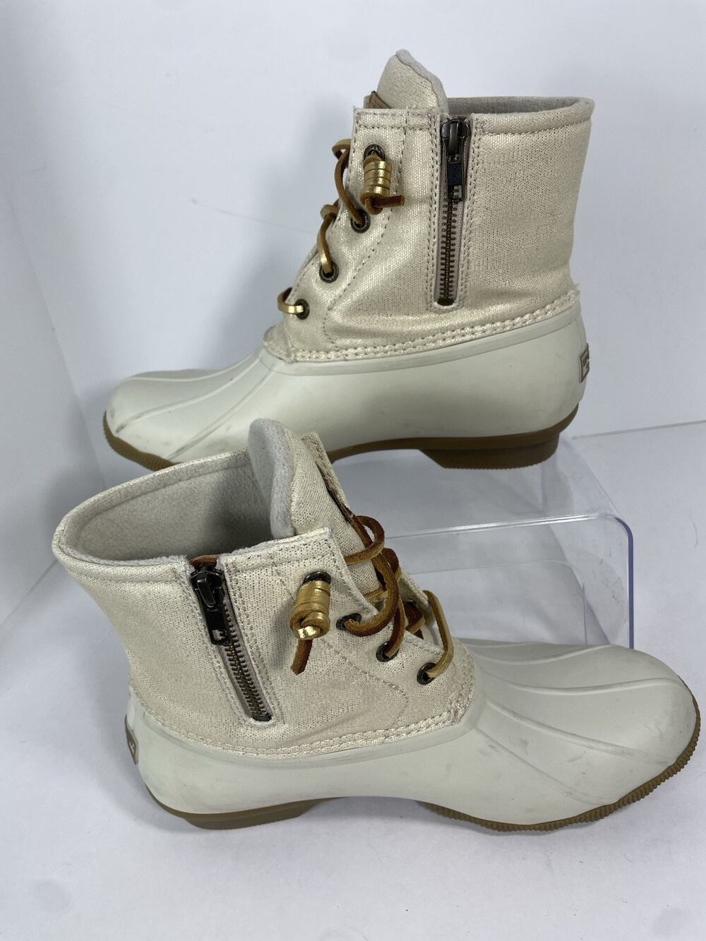 Sperry Cream & Gold Duck Rain Boots Women's Size 8.5 Timeless Cabin Core Preppy